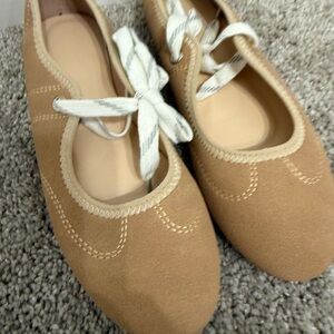 Tan Suede Ballet Flats with White Laces